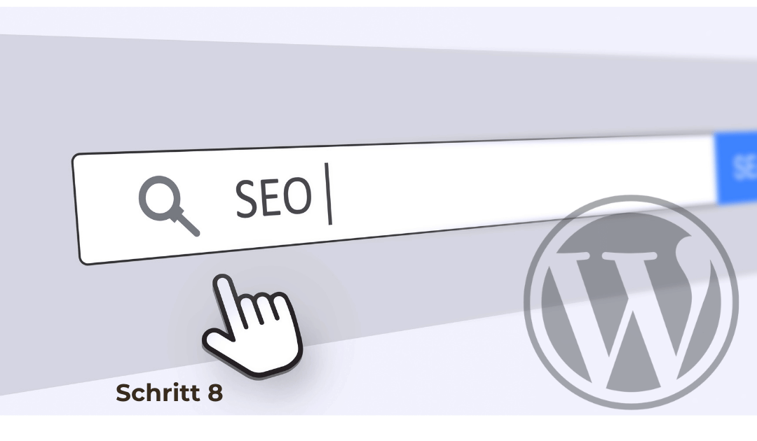 Suchfeld mit „SEO“, Klick-Hand und WordPress-Logo, Schritt 8