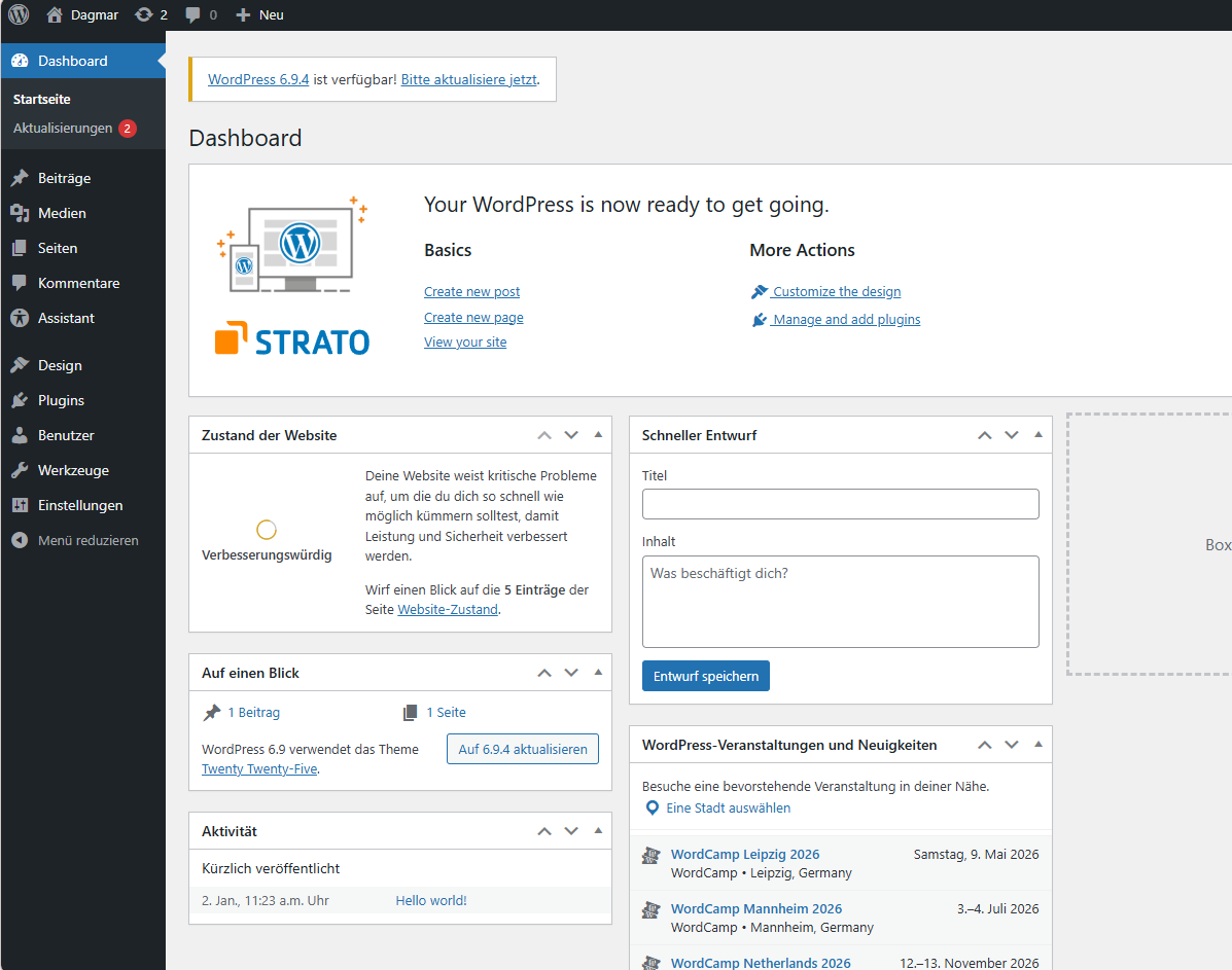 Screenshot WP1 WordPress-Dashboard mit STRATO-Startseite und mehreren Verwaltungs-Widgets