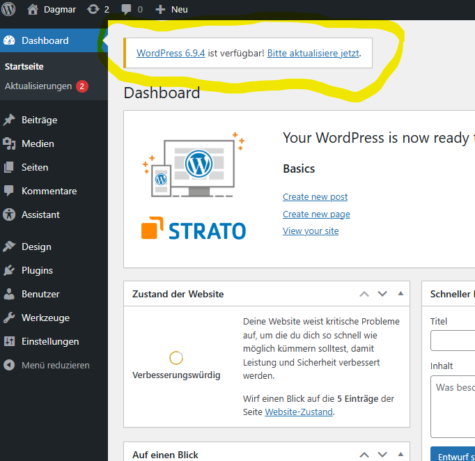 Screenshot_Aktualisierungshinweis WordPress 6.9.4 ist verfügbar! Bitte aktualisiere jetzt