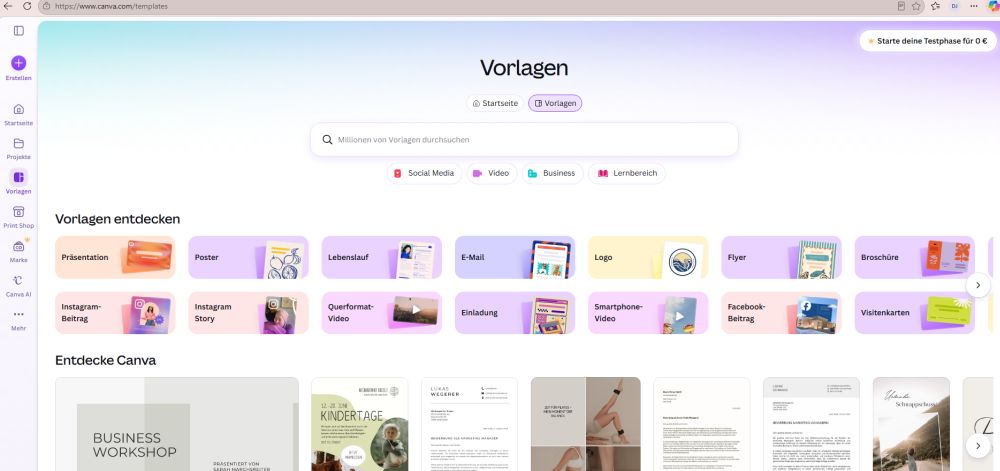 Erste_Ansicht Screenshot von der ersten Ansicht in Canva