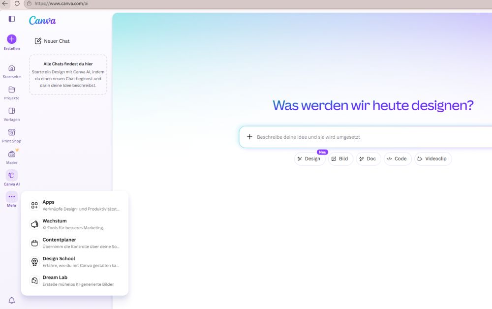 Mehr Screenshot vom Menüpunkt ...Mehr in Canva