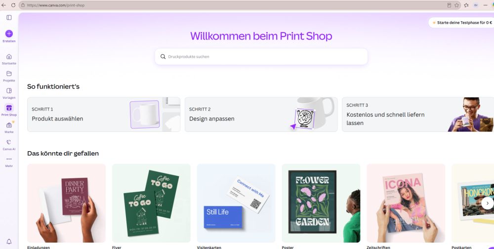 Printshop Screenshot der Canva-Seite Printshop