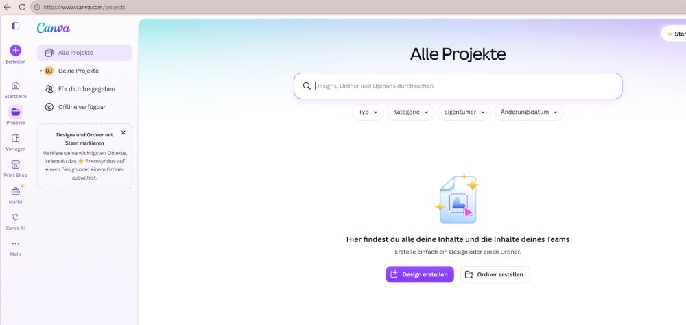 Projekte Screenshot der Canva-Seite Projekte
