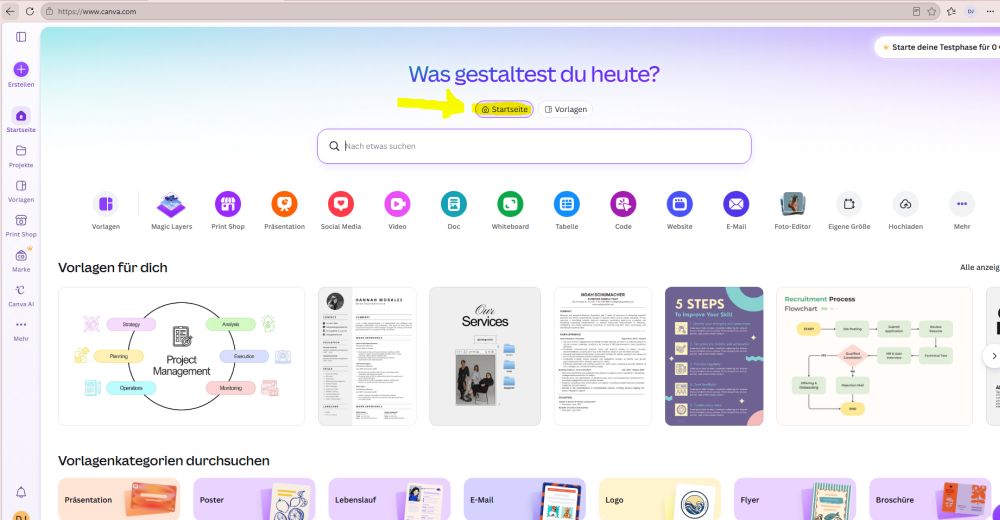 Startseite Screenshot der Canva-Startseite
